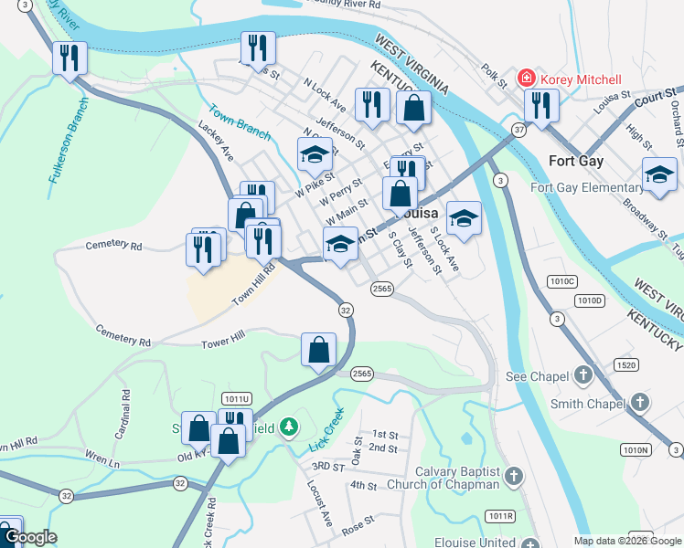 map of restaurants, bars, coffee shops, grocery stores, and more near Boone St in Louisa