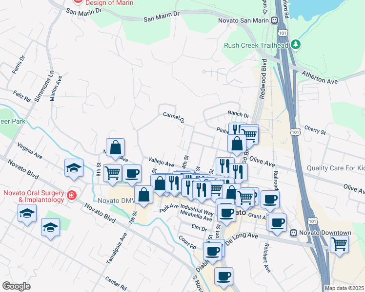 map of restaurants, bars, coffee shops, grocery stores, and more near 1135 4th Street in Novato