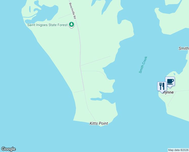 map of restaurants, bars, coffee shops, grocery stores, and more near 46621 Beachville Road in Saint Inigoes
