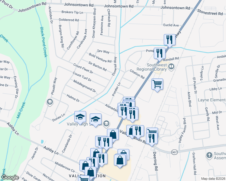 map of restaurants, bars, coffee shops, grocery stores, and more near 9905 Ponder Lane in Louisville