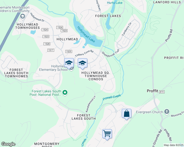 map of restaurants, bars, coffee shops, grocery stores, and more near 2723 Gatewood Circle in Charlottesville