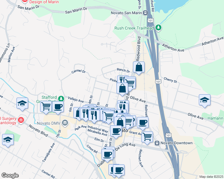 map of restaurants, bars, coffee shops, grocery stores, and more near 1124 Olive Avenue in Novato