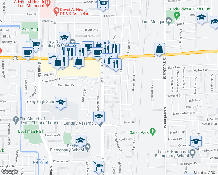 map of restaurants, bars, coffee shops, grocery stores, and more near 400 Mendocino Drive in Lodi