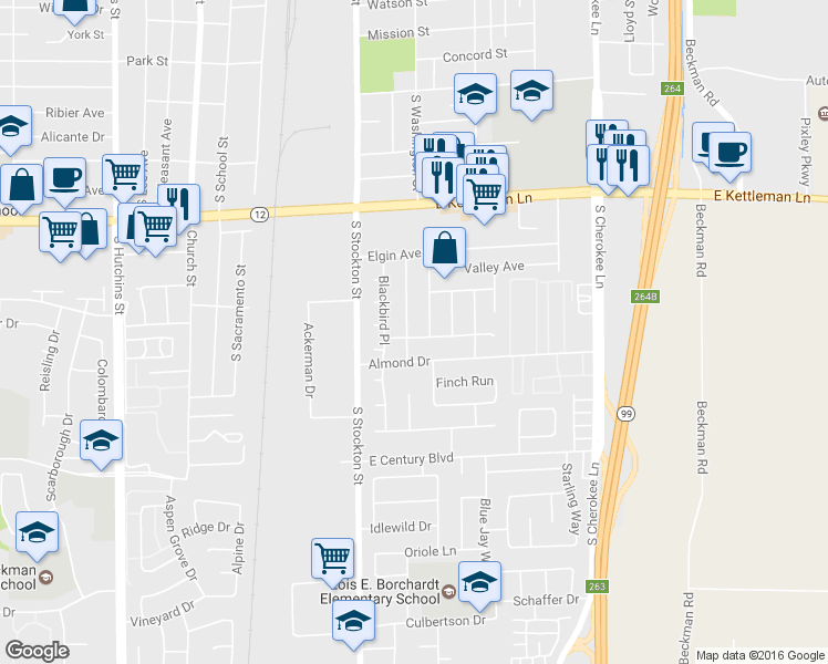 map of restaurants, bars, coffee shops, grocery stores, and more near 1652 Cherrywood Way in Lodi