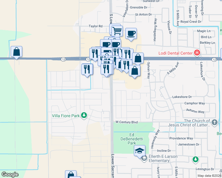 map of restaurants, bars, coffee shops, grocery stores, and more near 2125 South Lower Sacramento Road in Lodi