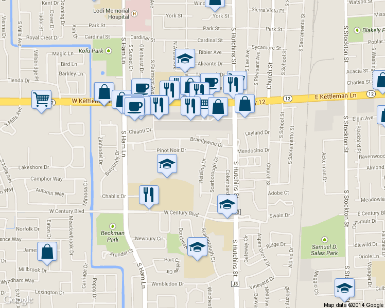 map of restaurants, bars, coffee shops, grocery stores, and more near 728 Pinot Noir Drive in Lodi