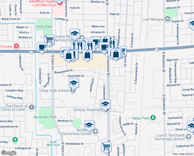 map of restaurants, bars, coffee shops, grocery stores, and more near 1621 Scarborough Drive in Lodi