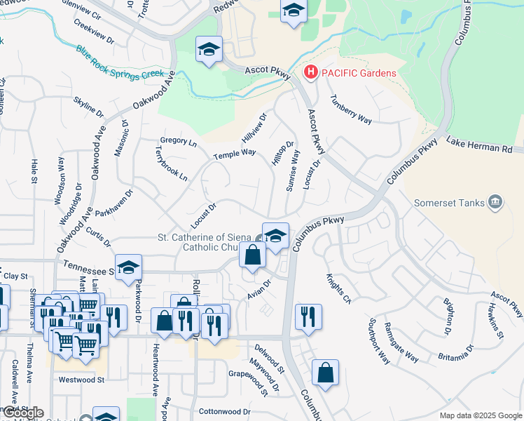 map of restaurants, bars, coffee shops, grocery stores, and more near 410 Locust Drive in Vallejo