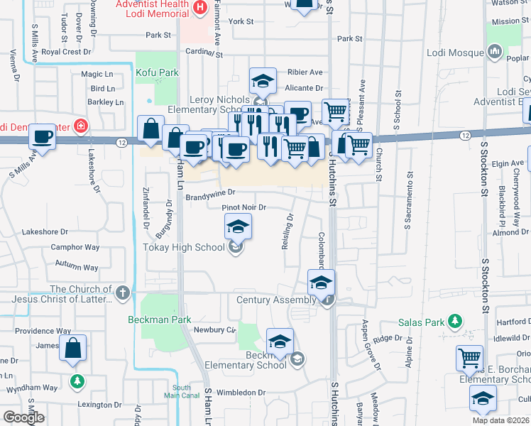 map of restaurants, bars, coffee shops, grocery stores, and more near 728 Pinot Noir Drive in Lodi
