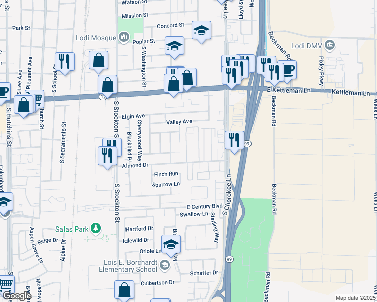 map of restaurants, bars, coffee shops, grocery stores, and more near 445 Almond Drive in Lodi