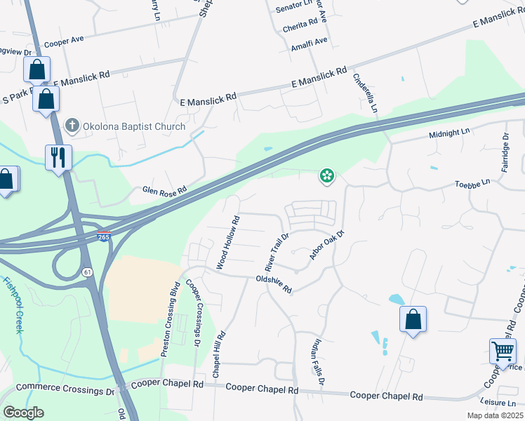 map of restaurants, bars, coffee shops, grocery stores, and more near 10113 Winding River Way in Louisville