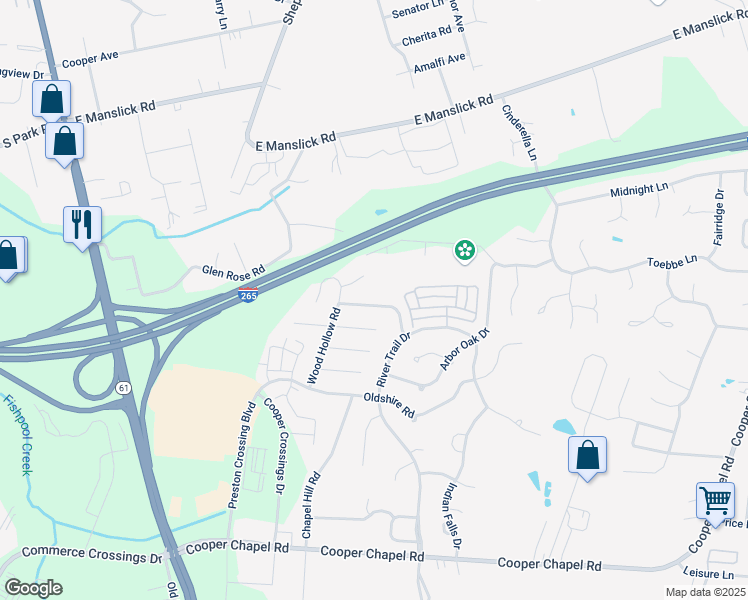 map of restaurants, bars, coffee shops, grocery stores, and more near 10113 Winding River Way in Louisville