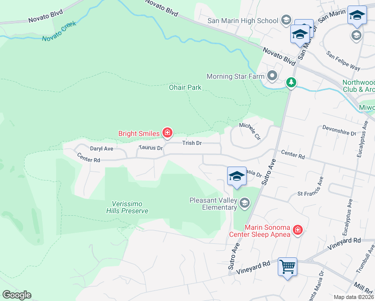 map of restaurants, bars, coffee shops, grocery stores, and more near 2544 Center Road in Novato