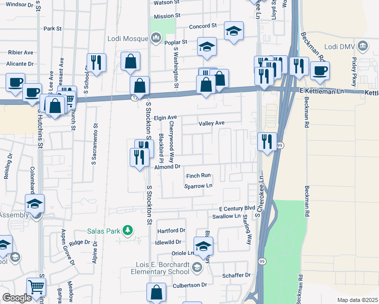 map of restaurants, bars, coffee shops, grocery stores, and more near 1639 Foxborough Way in Lodi