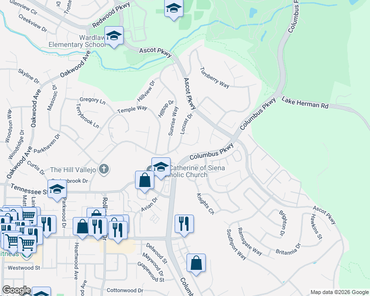 map of restaurants, bars, coffee shops, grocery stores, and more near 113 Prestwick Court in Vallejo