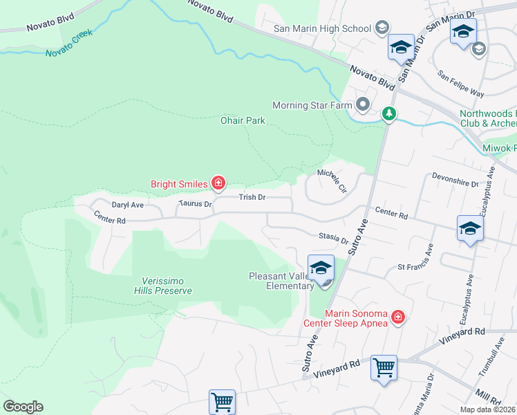 map of restaurants, bars, coffee shops, grocery stores, and more near 2544 Center Road in Novato