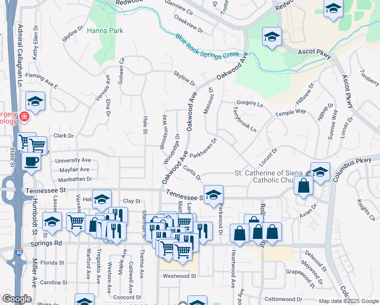 map of restaurants, bars, coffee shops, grocery stores, and more near 11 Parkhaven Drive in Vallejo