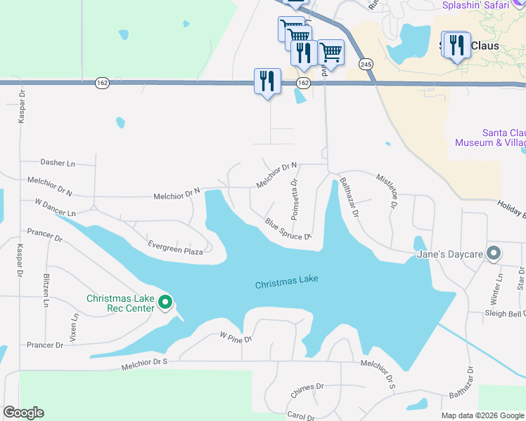 map of restaurants, bars, coffee shops, grocery stores, and more near 275 South Pyracantha Circle in Santa Claus