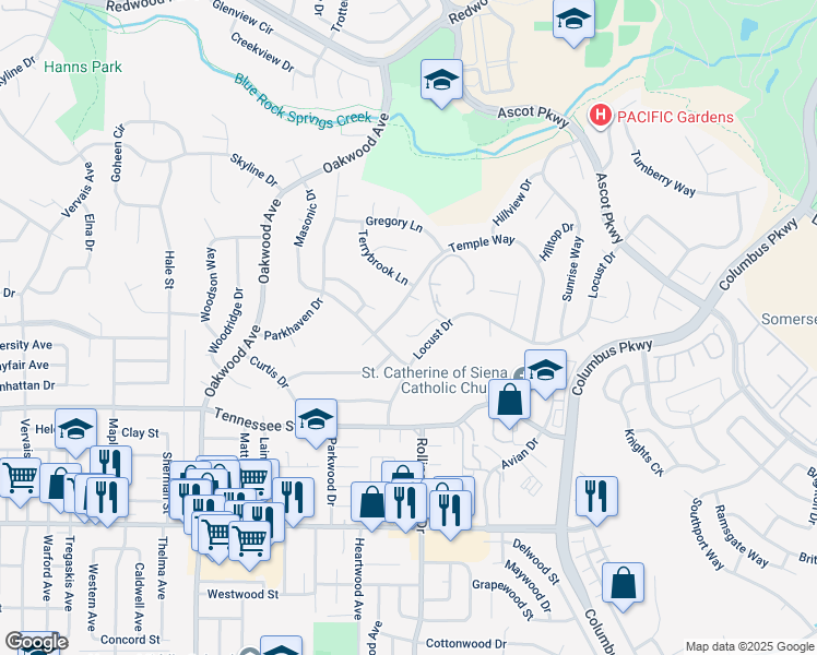 map of restaurants, bars, coffee shops, grocery stores, and more near 300 Locust Drive in Vallejo