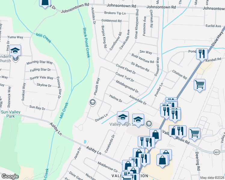 map of restaurants, bars, coffee shops, grocery stores, and more near 6012 Alanadale Drive in Louisville