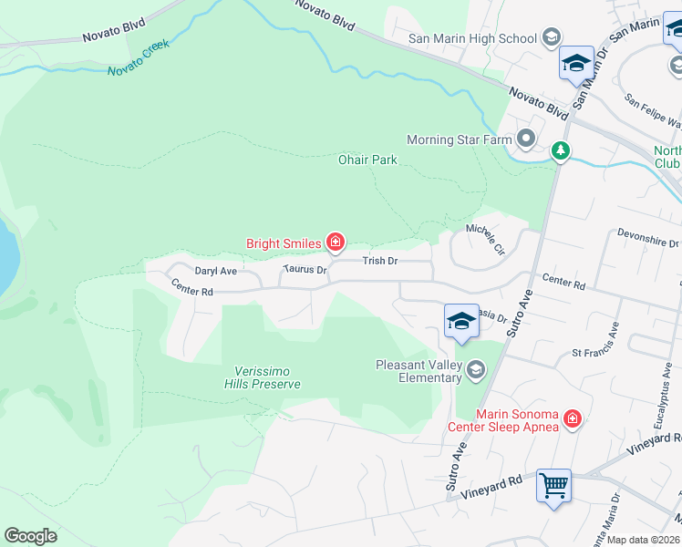 map of restaurants, bars, coffee shops, grocery stores, and more near 2566 Center Road in Novato