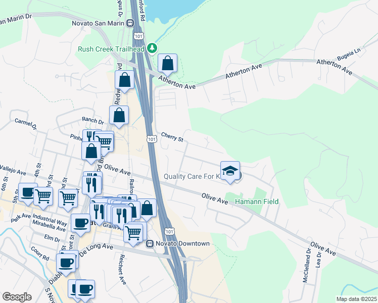 map of restaurants, bars, coffee shops, grocery stores, and more near 1404 Chase Street in Novato