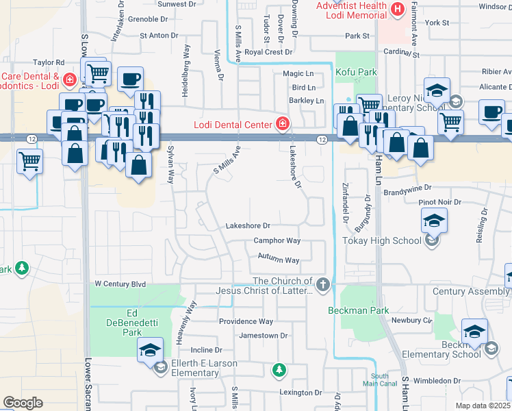 map of restaurants, bars, coffee shops, grocery stores, and more near 1720 Windjammer Court in Lodi