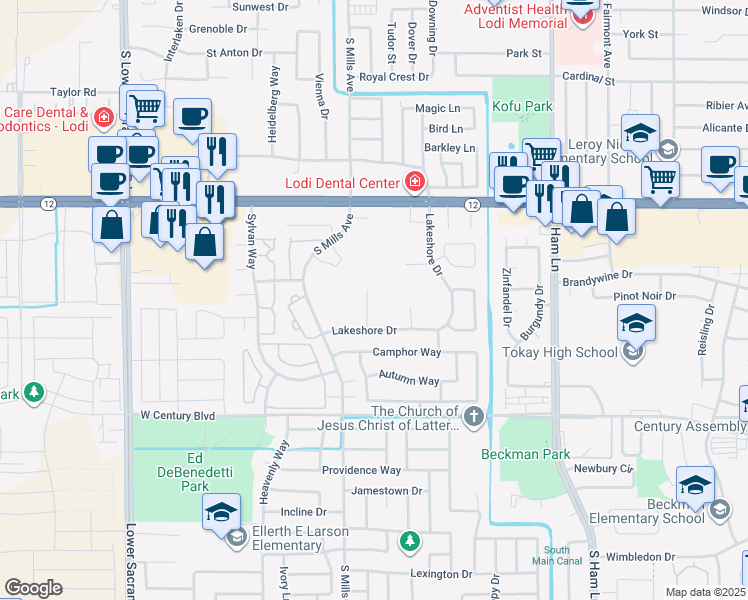 map of restaurants, bars, coffee shops, grocery stores, and more near 1720 Windjammer Court in Lodi