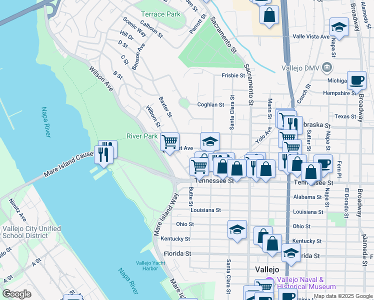 map of restaurants, bars, coffee shops, grocery stores, and more near 159 Farragut Avenue in Vallejo