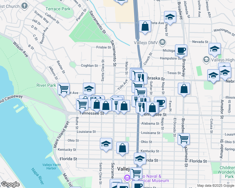 map of restaurants, bars, coffee shops, grocery stores, and more near 110 Illinois Street in Vallejo