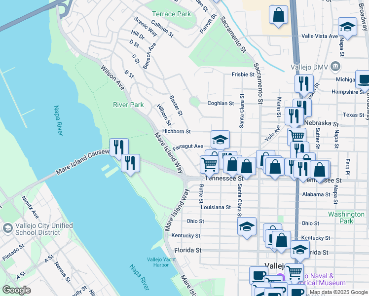 map of restaurants, bars, coffee shops, grocery stores, and more near 142 Wilson Avenue in Vallejo