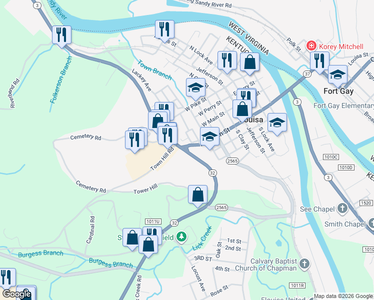 map of restaurants, bars, coffee shops, grocery stores, and more near Highway 32 in Louisa