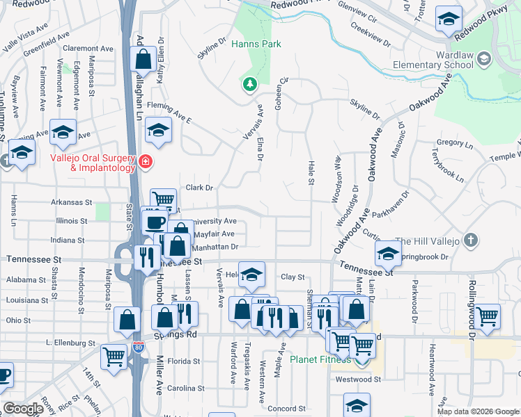 map of restaurants, bars, coffee shops, grocery stores, and more near 610 Henry Street in Vallejo