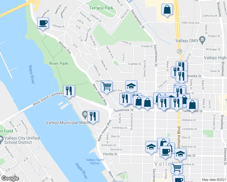 map of restaurants, bars, coffee shops, grocery stores, and more near 161 Farragut Avenue in Vallejo