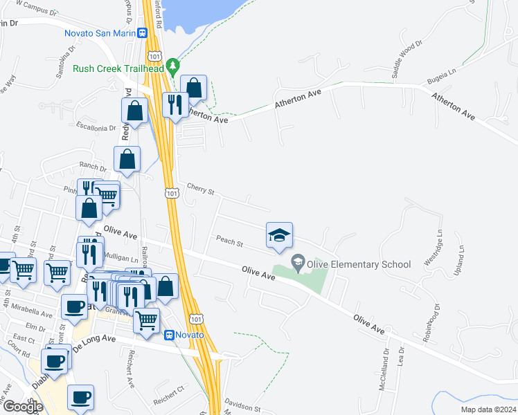 map of restaurants, bars, coffee shops, grocery stores, and more near 657 Cherry Street in Novato