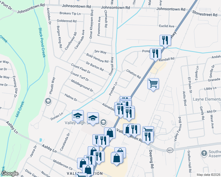 map of restaurants, bars, coffee shops, grocery stores, and more near 9905 Ponder Lane in Louisville
