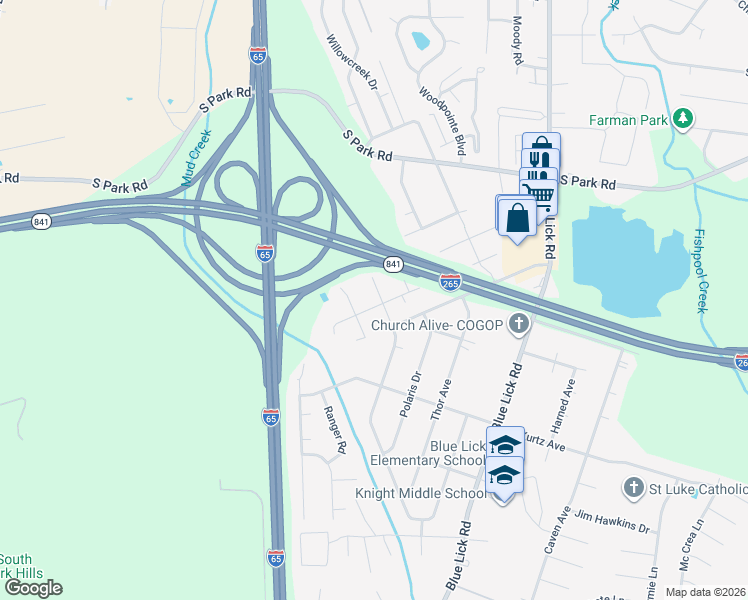 map of restaurants, bars, coffee shops, grocery stores, and more near 9422 Titan Drive in Louisville