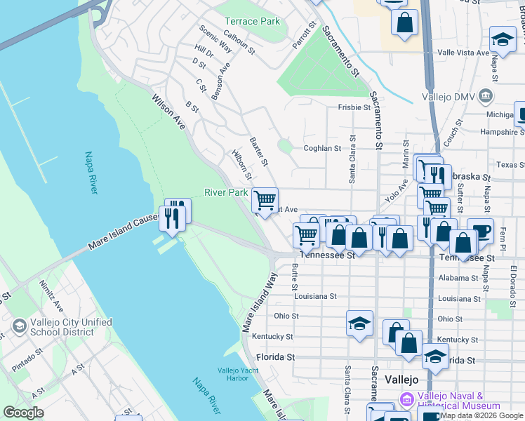 map of restaurants, bars, coffee shops, grocery stores, and more near Farragut Avenue & Wilson Court in Vallejo