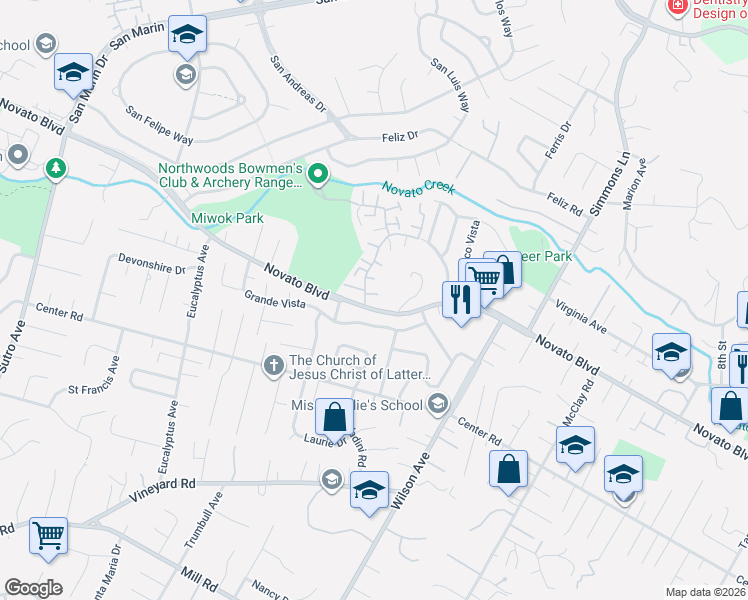 map of restaurants, bars, coffee shops, grocery stores, and more near 2A Oliva Drive in Novato
