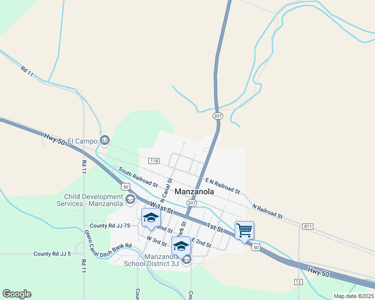 map of restaurants, bars, coffee shops, grocery stores, and more near 501-509 Grand Avenue in Manzanola