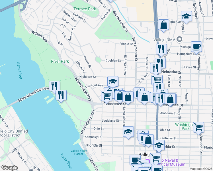 map of restaurants, bars, coffee shops, grocery stores, and more near 301 Farragut Avenue in Vallejo