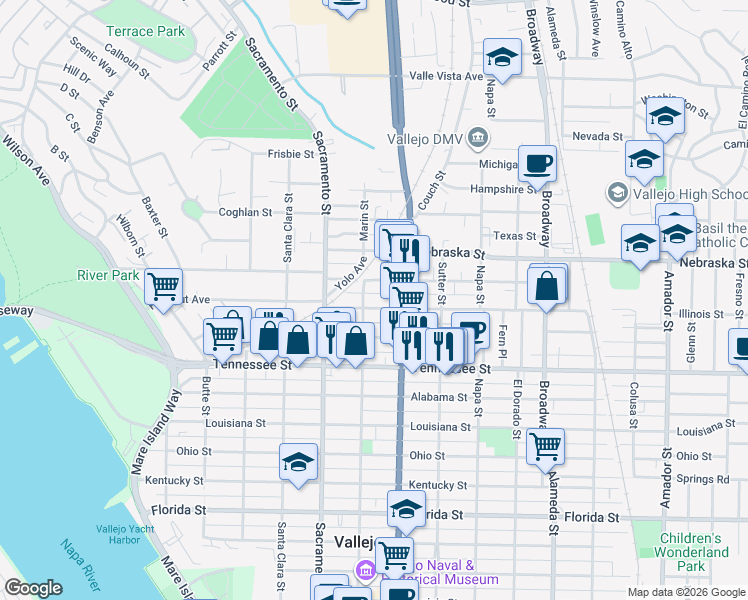 map of restaurants, bars, coffee shops, grocery stores, and more near 212 Illinois Street in Vallejo