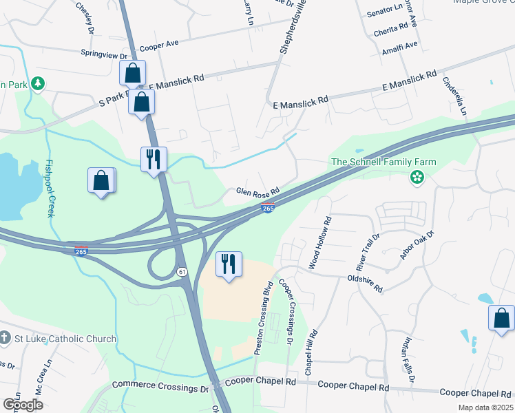 map of restaurants, bars, coffee shops, grocery stores, and more near Gene Snyder Freeway in Louisville