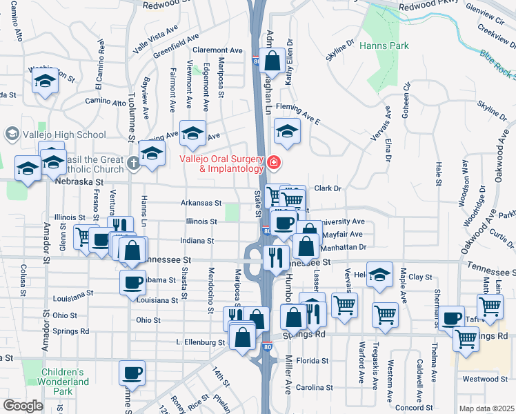 map of restaurants, bars, coffee shops, grocery stores, and more near 811 State Street in Vallejo