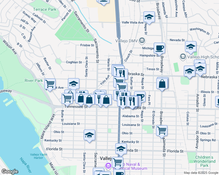 map of restaurants, bars, coffee shops, grocery stores, and more near 1712 Marin Street in Vallejo