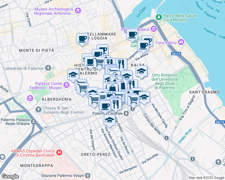 map of restaurants, bars, coffee shops, grocery stores, and more near 52 Via Fiume in Palermo