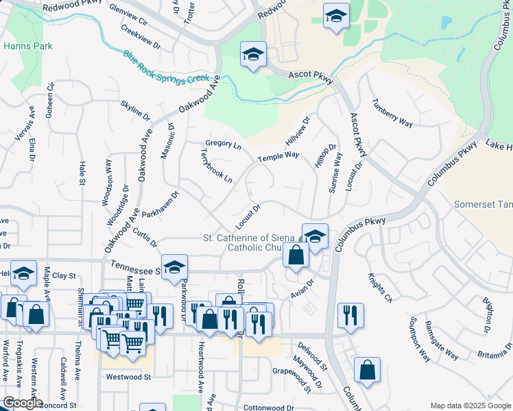 map of restaurants, bars, coffee shops, grocery stores, and more near 360 Locust Drive in Vallejo