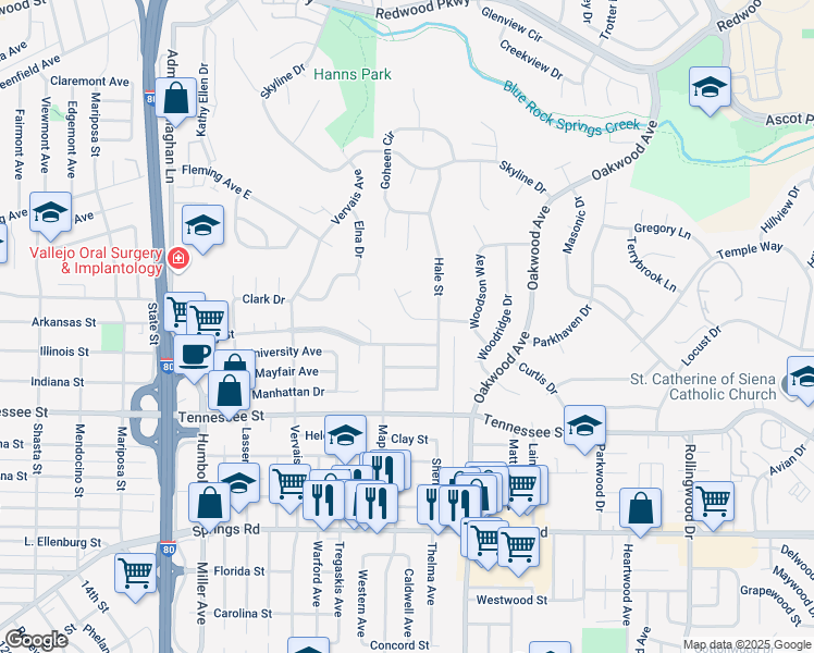 map of restaurants, bars, coffee shops, grocery stores, and more near 165 Woodvale Court in Vallejo
