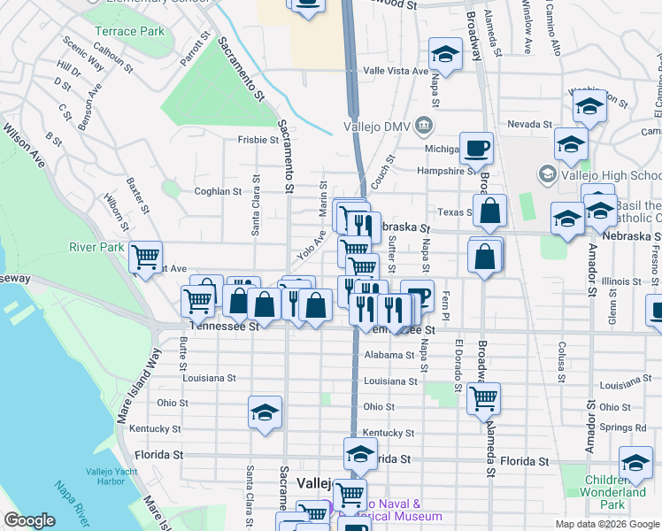 map of restaurants, bars, coffee shops, grocery stores, and more near 212 Illinois Street in Vallejo