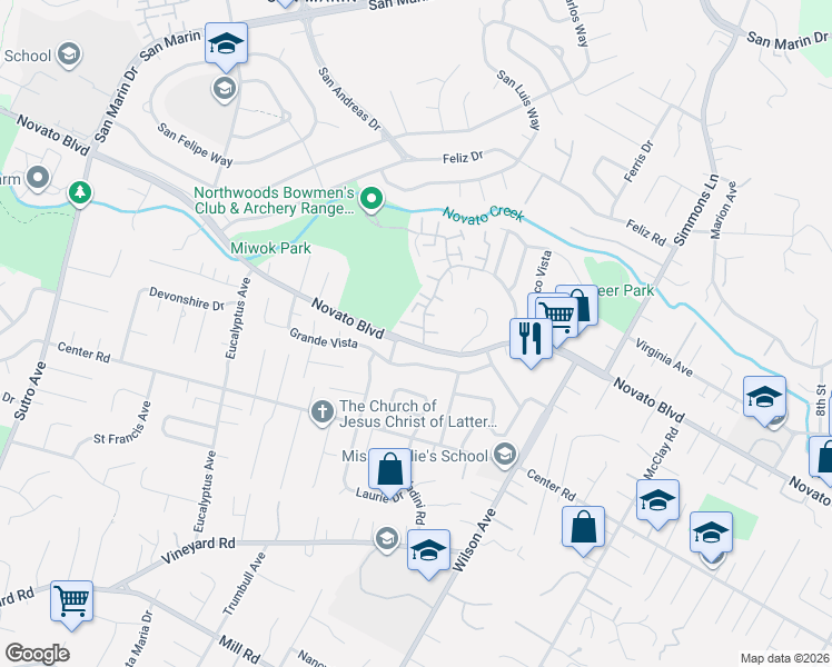 map of restaurants, bars, coffee shops, grocery stores, and more near 2A Oliva Drive in Novato